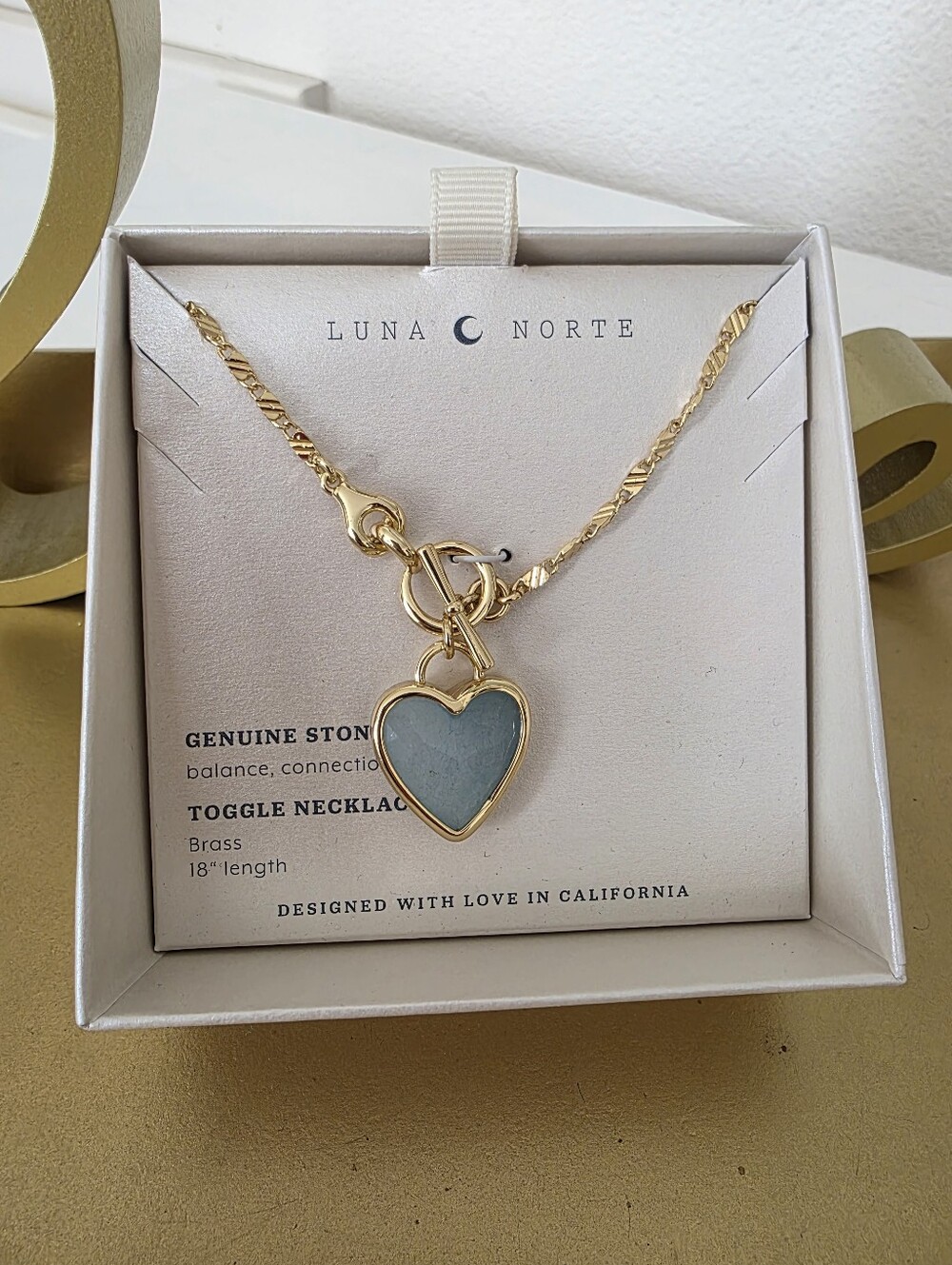 Luna Norte Gold Toggle Heart Necklace with Blue Stone